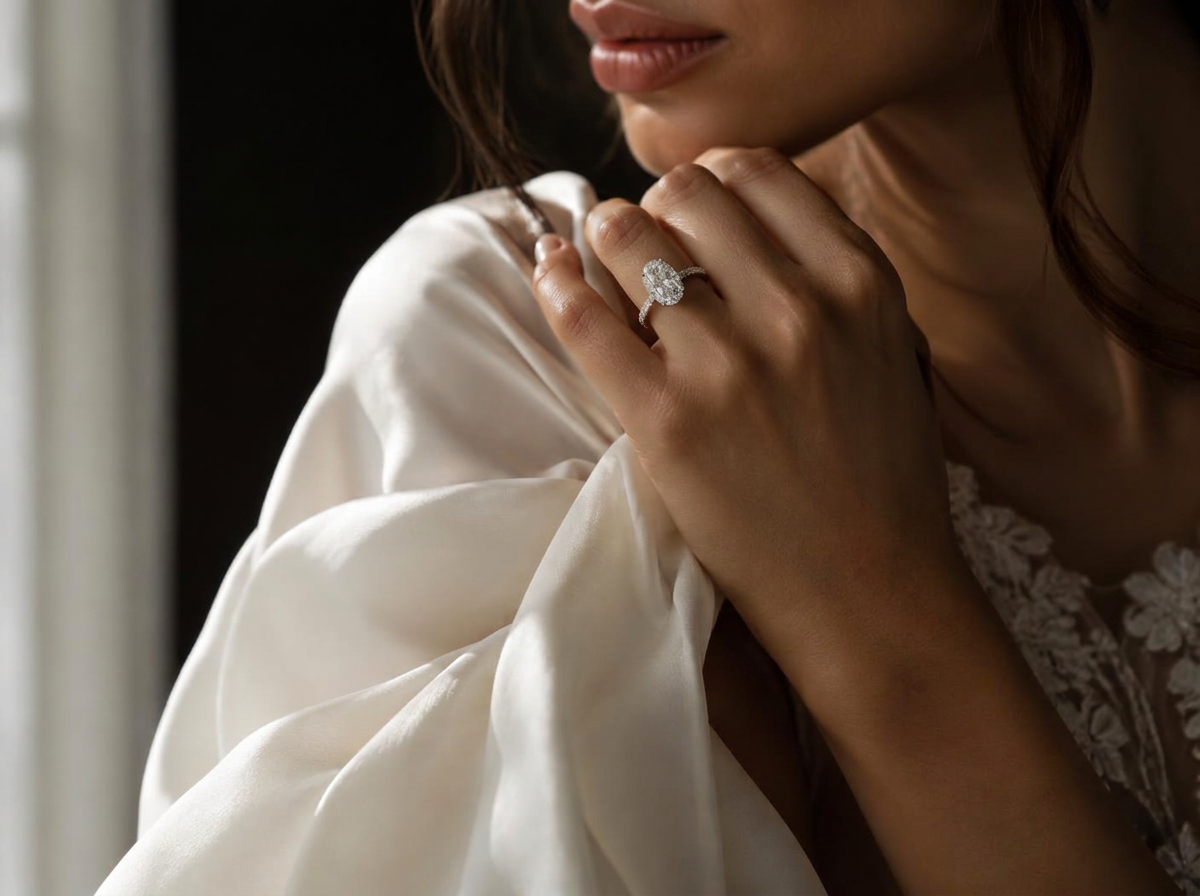 Bride wearing a custom diamond engagement ring