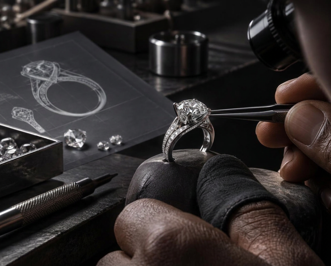 Master jeweler setting a diamond in a custom ring