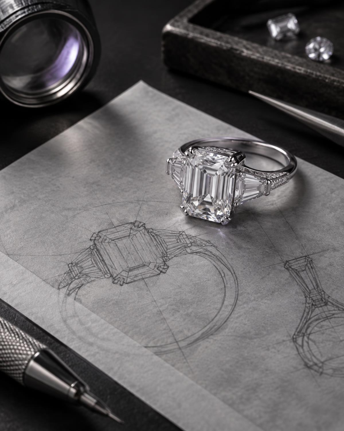 Custom diamond ring resting on its original design sketch