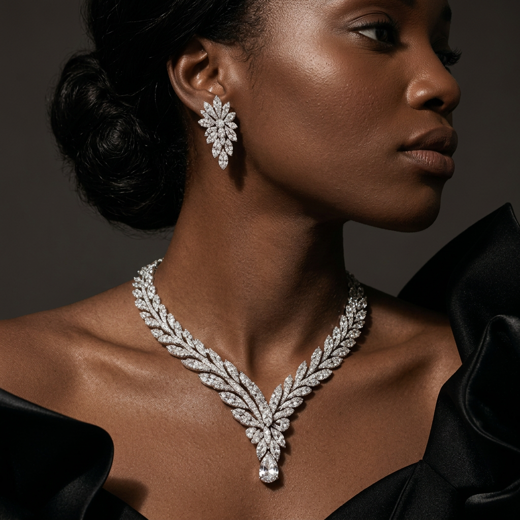 Woman wearing a diamond necklace and earrings